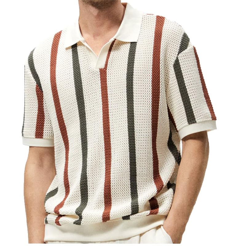babao Men's Golf Polo Shirt Stripes Mesh Knit Polo T Shirt Mens